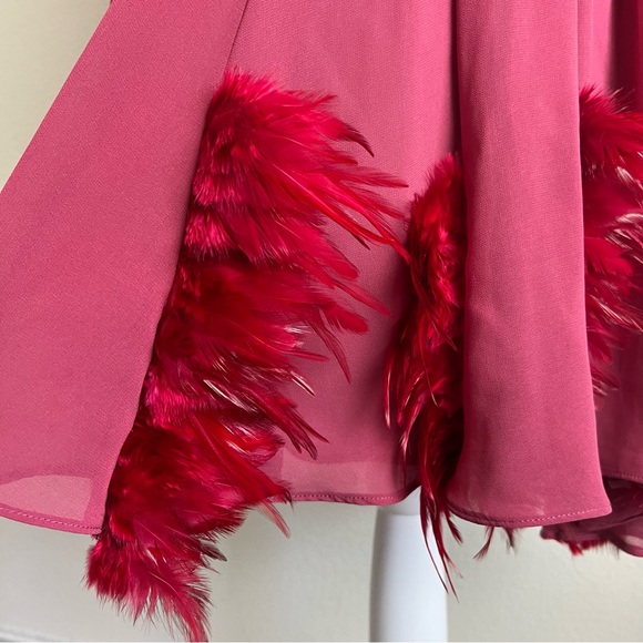 Twelve By Twelve Pink Mauve Ruched Feather Embellished Fit & Flare Chiffon Dress - Picture 8 of 10